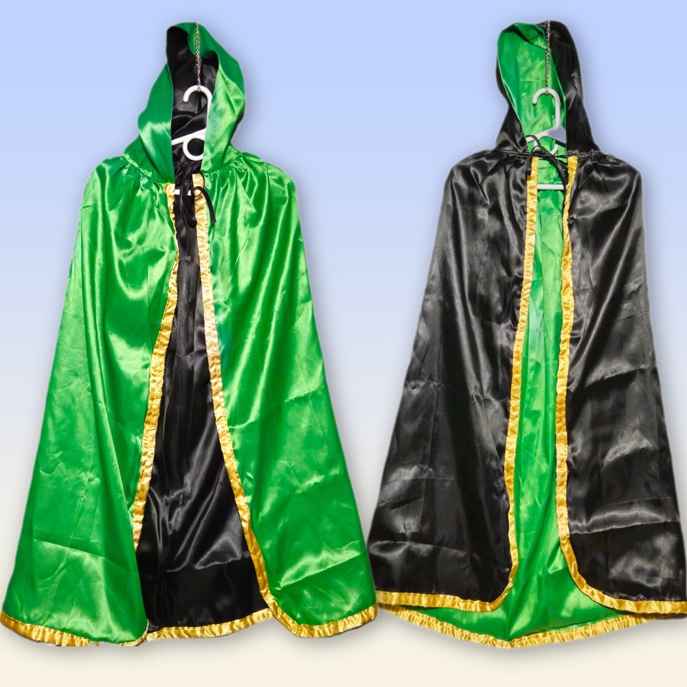 Reversible Hooded Cape Adult Green Black Gold Satin Halloween Cosplay Costume